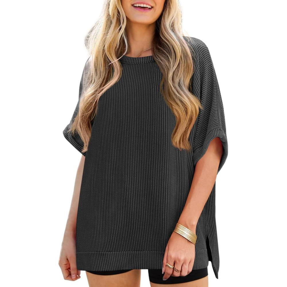 imageTankaneo Womens Oversized T Shirts Summer Casual Ribbed Batwing Short Sleeve Tunic Tops Loose Fit Dolman Sleeve TeesBlack