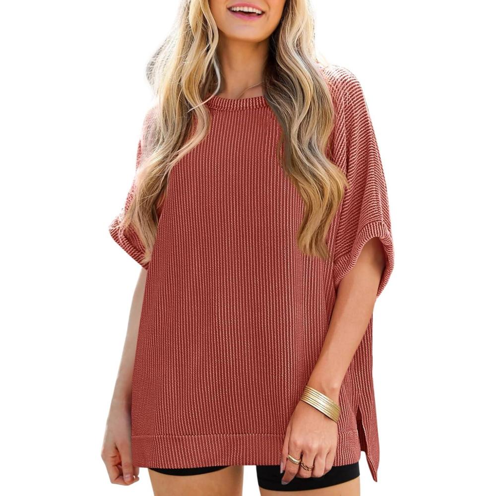 imageTankaneo Womens Oversized T Shirts Summer Casual Ribbed Batwing Short Sleeve Tunic Tops Loose Fit Dolman Sleeve TeesBrick Red