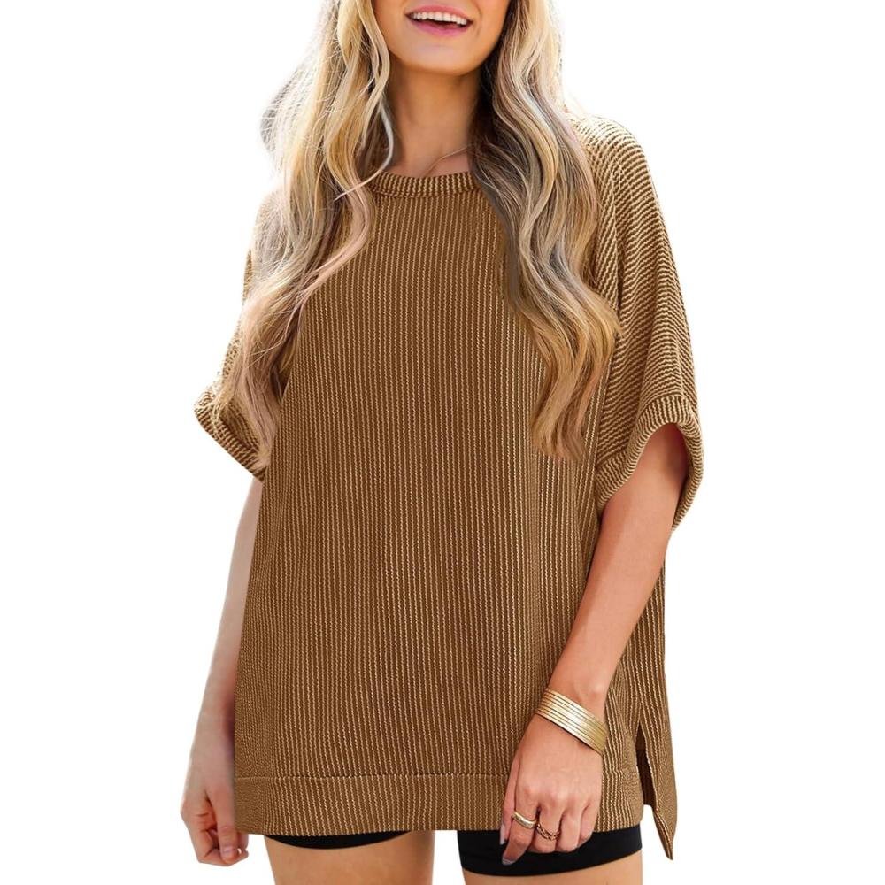 imageTankaneo Womens Oversized T Shirts Summer Casual Ribbed Batwing Short Sleeve Tunic Tops Loose Fit Dolman Sleeve TeesBrown