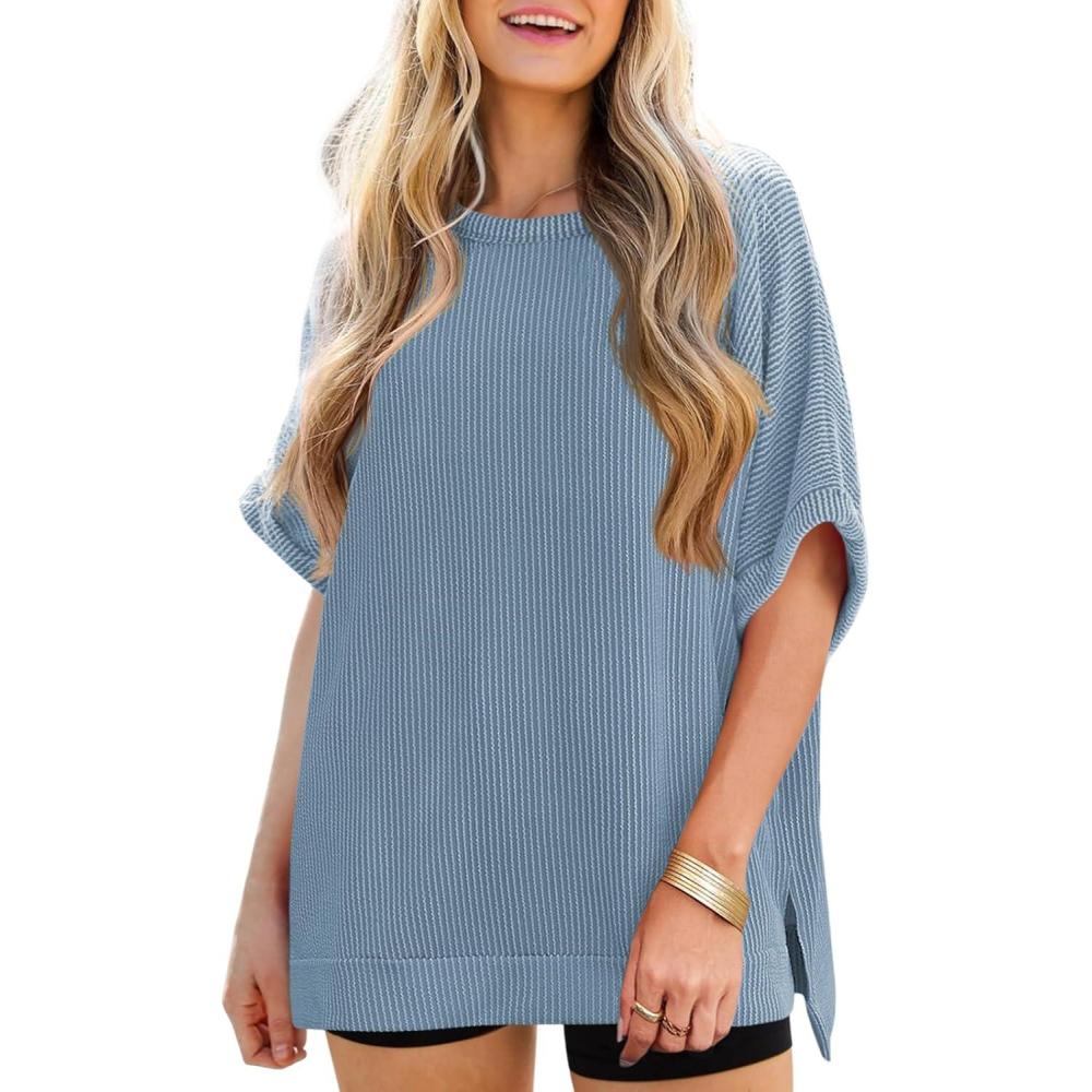 imageTankaneo Womens Oversized T Shirts Summer Casual Ribbed Batwing Short Sleeve Tunic Tops Loose Fit Dolman Sleeve TeesLight Blue