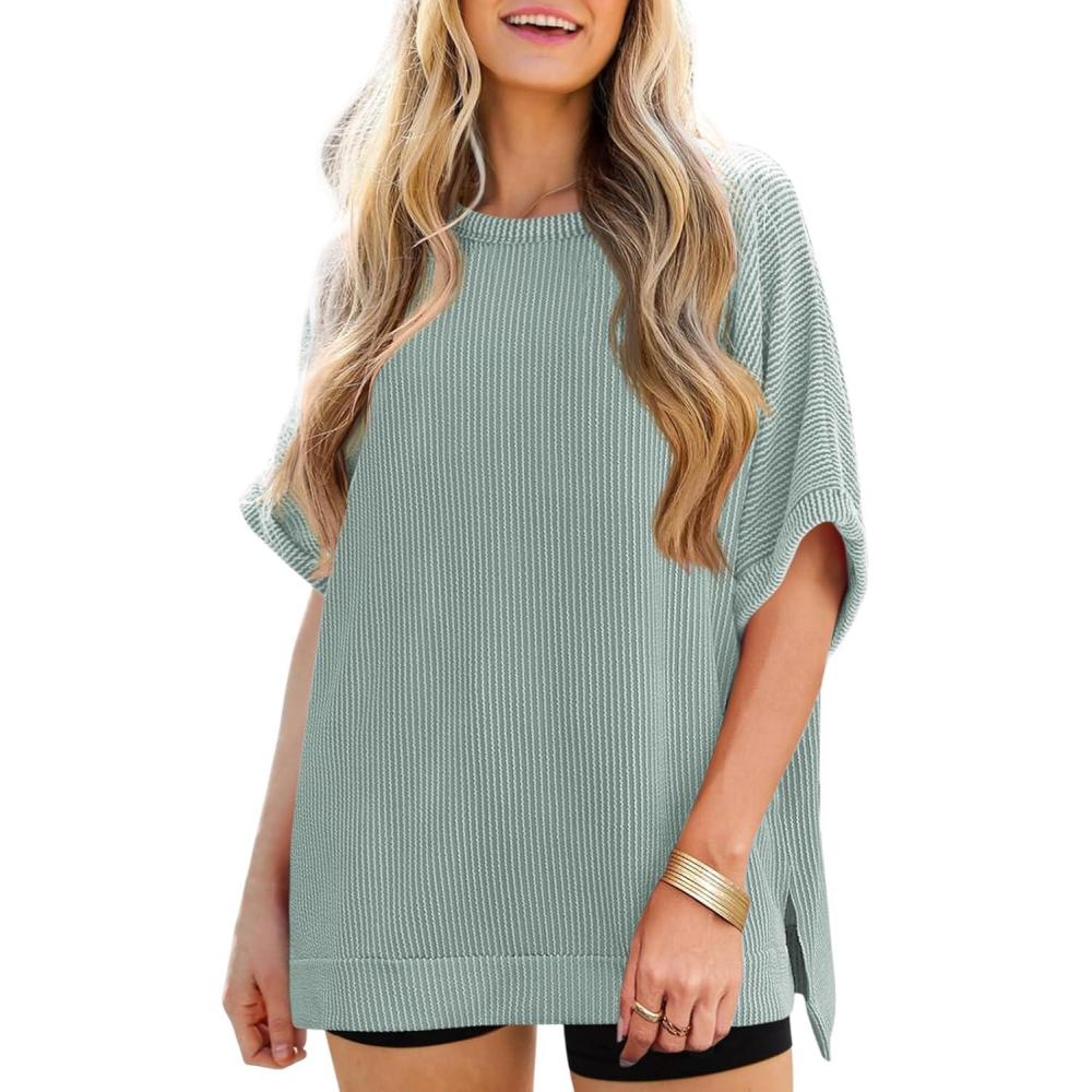 imageTankaneo Womens Oversized T Shirts Summer Casual Ribbed Batwing Short Sleeve Tunic Tops Loose Fit Dolman Sleeve TeesLight Green