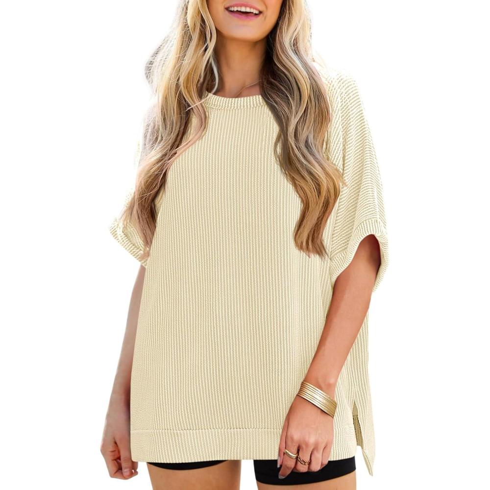 imageTankaneo Womens Oversized T Shirts Summer Casual Ribbed Batwing Short Sleeve Tunic Tops Loose Fit Dolman Sleeve TeesLight Yellow