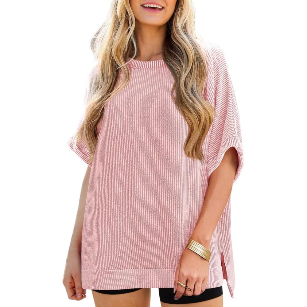 imageTankaneo Womens Oversized T Shirts Summer Casual Ribbed Batwing Short Sleeve Tunic Tops Loose Fit Dolman Sleeve TeesPink