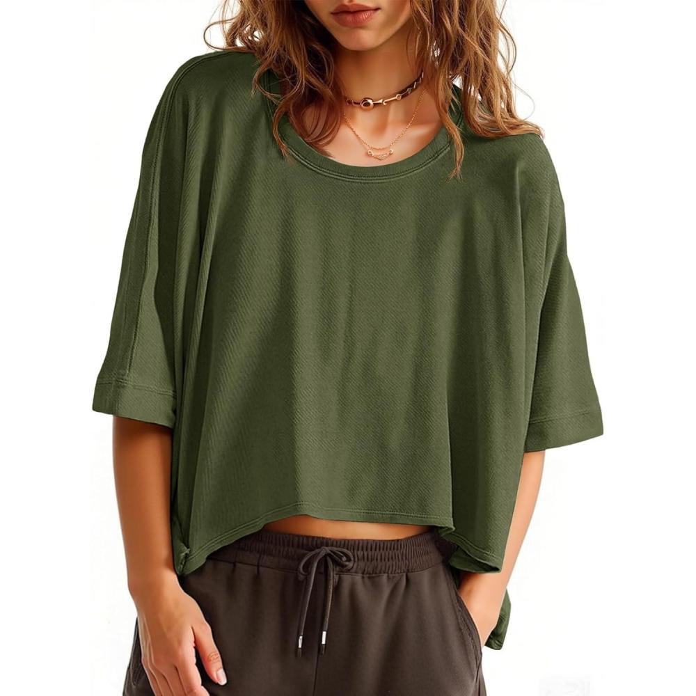 imageTankaneo Womens Oversized TShirts Cropped Summer Casual Short Sleeve Loose Fit Tee TopsArmy Green