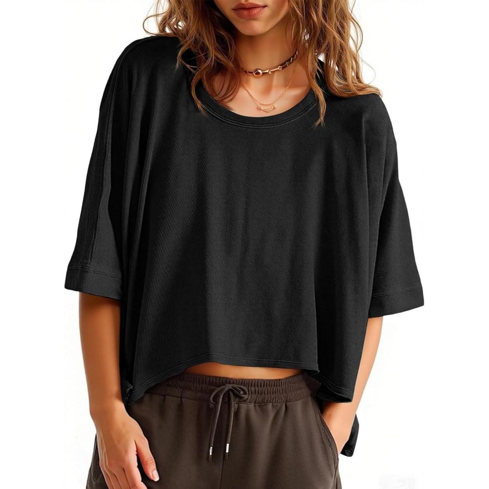 imageTankaneo Womens Oversized TShirts Cropped Summer Casual Short Sleeve Loose Fit Tee TopsBlack