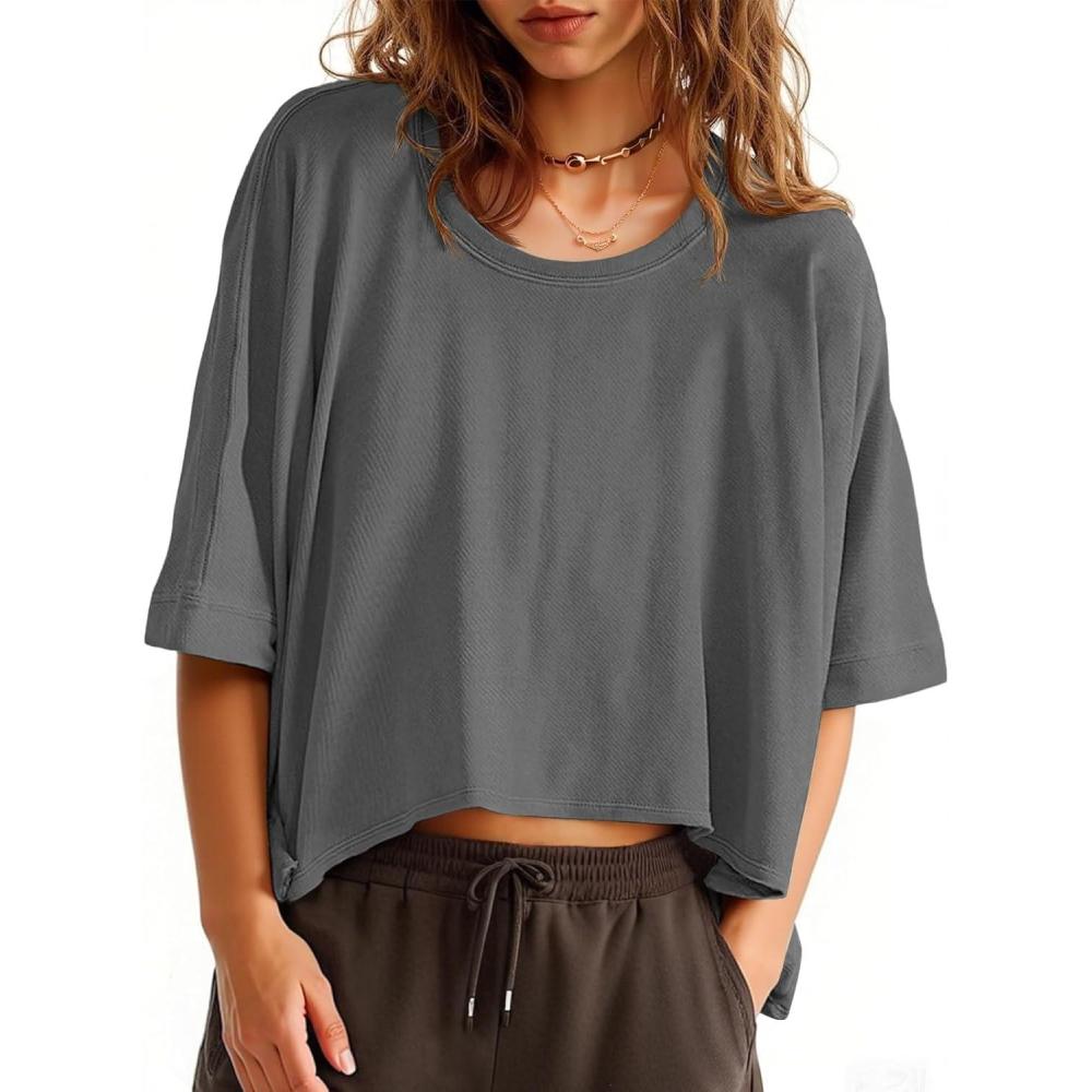imageTankaneo Womens Oversized TShirts Cropped Summer Casual Short Sleeve Loose Fit Tee TopsDark Grey