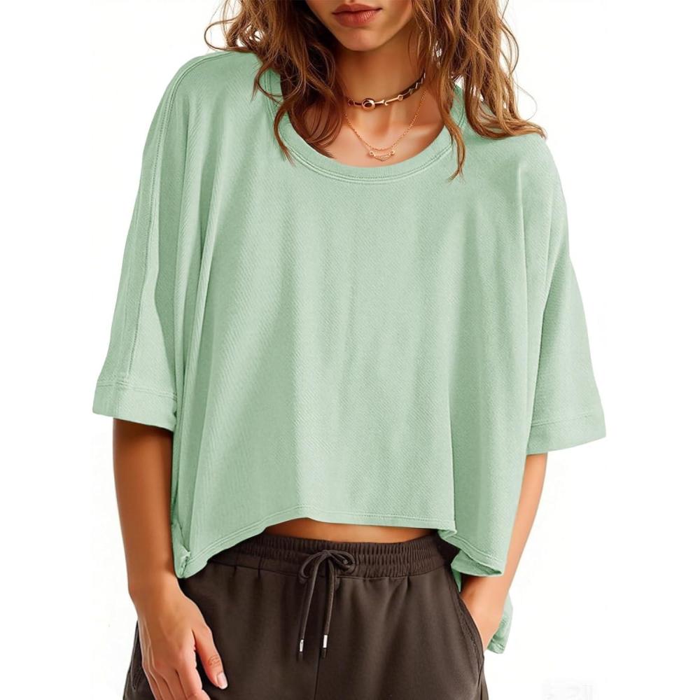 imageTankaneo Womens Oversized TShirts Cropped Summer Casual Short Sleeve Loose Fit Tee TopsLight Green