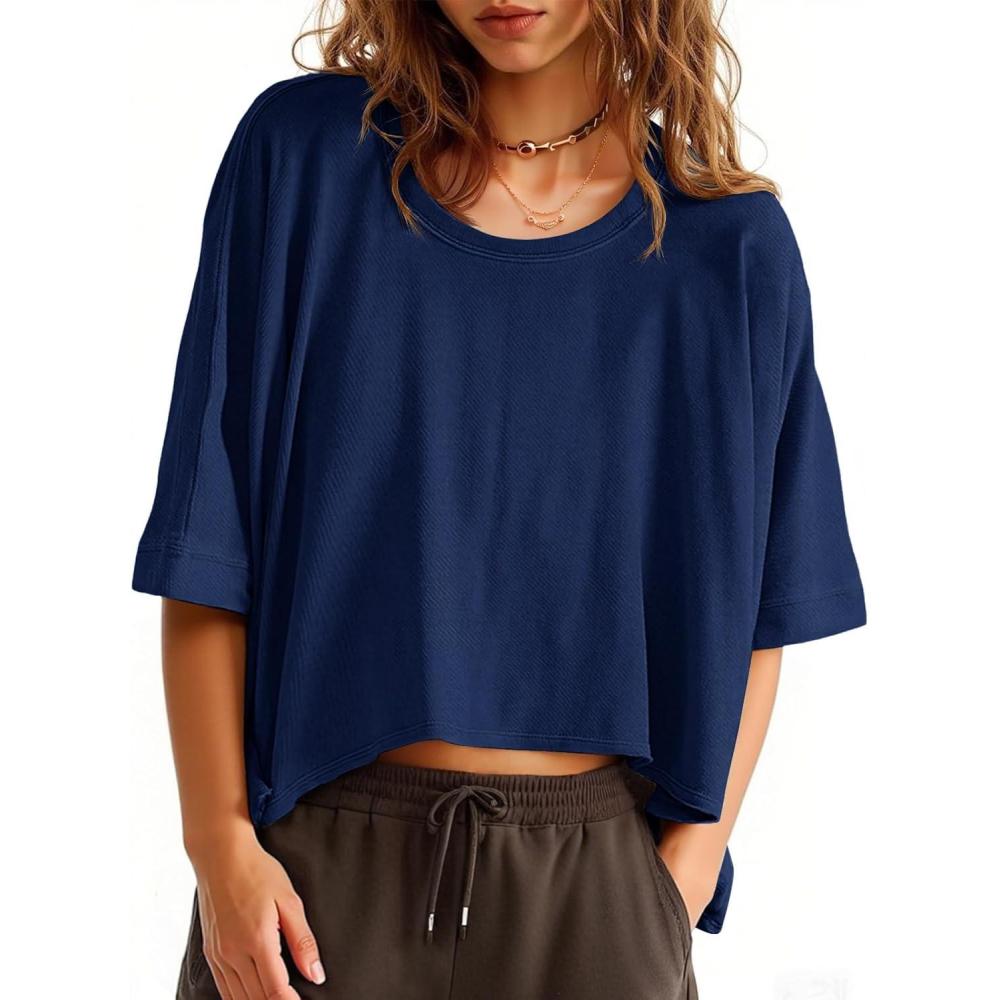 imageTankaneo Womens Oversized TShirts Cropped Summer Casual Short Sleeve Loose Fit Tee TopsNavy