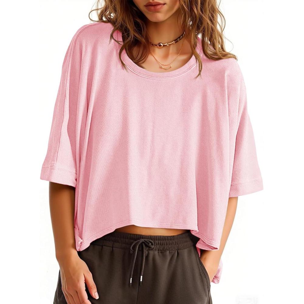 imageTankaneo Womens Oversized TShirts Cropped Summer Casual Short Sleeve Loose Fit Tee TopsPink