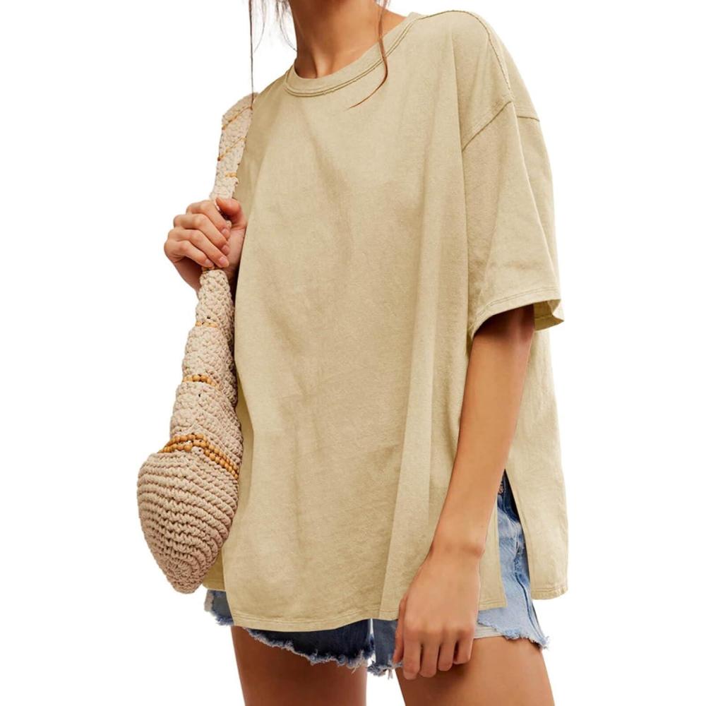 imageTankaneo Womens Oversized Tshirts Summer Casual Short Sleeve Crew Neck T Shirt Loose Fit Side Slit Tee TopsBeige