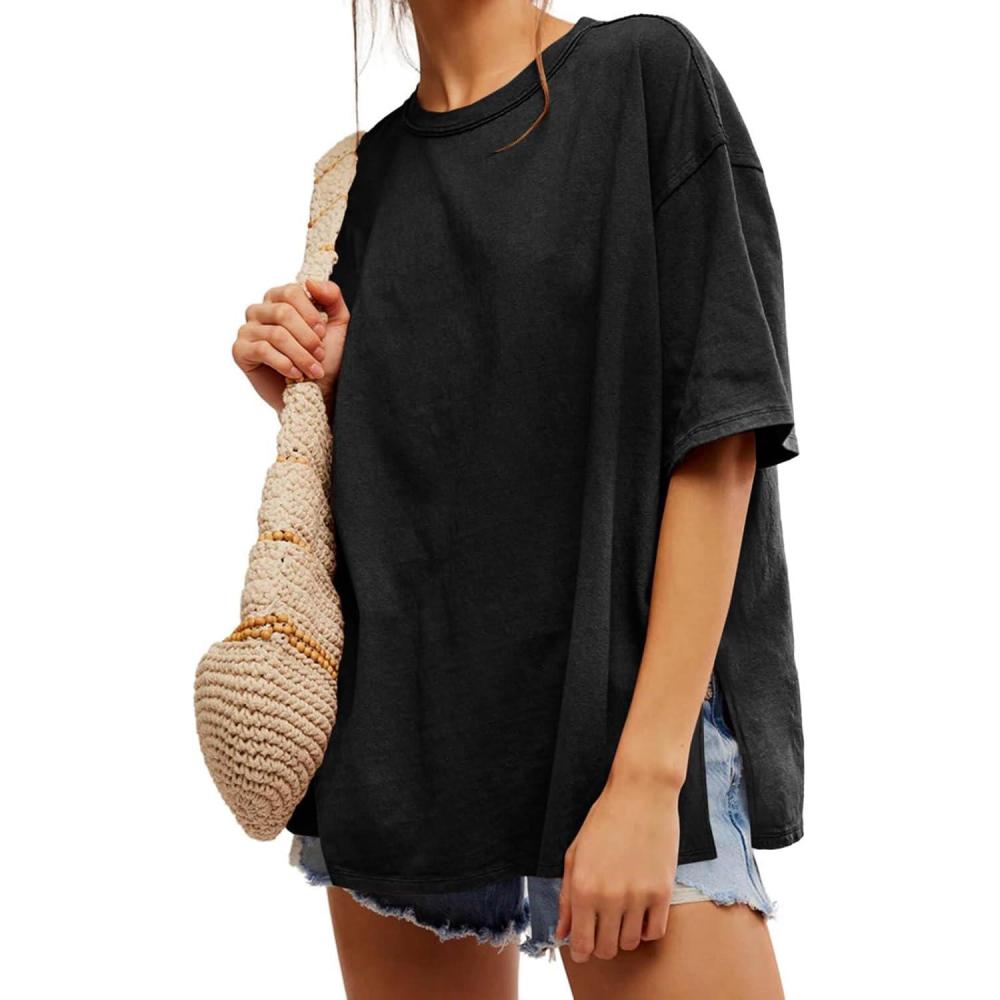 imageTankaneo Womens Oversized Tshirts Summer Casual Short Sleeve Crew Neck T Shirt Loose Fit Side Slit Tee TopsBlack