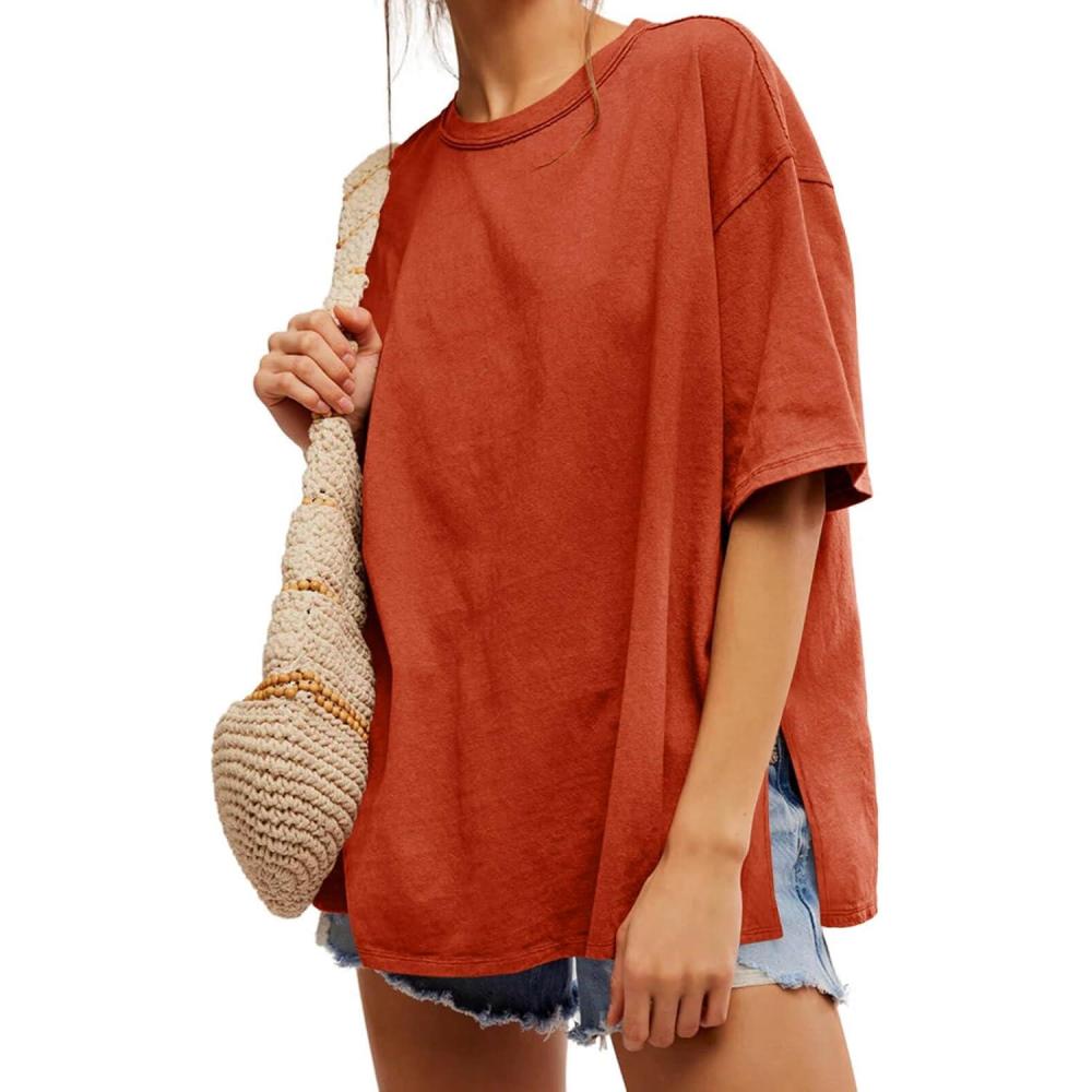 imageTankaneo Womens Oversized Tshirts Summer Casual Short Sleeve Crew Neck T Shirt Loose Fit Side Slit Tee TopsBrick Red