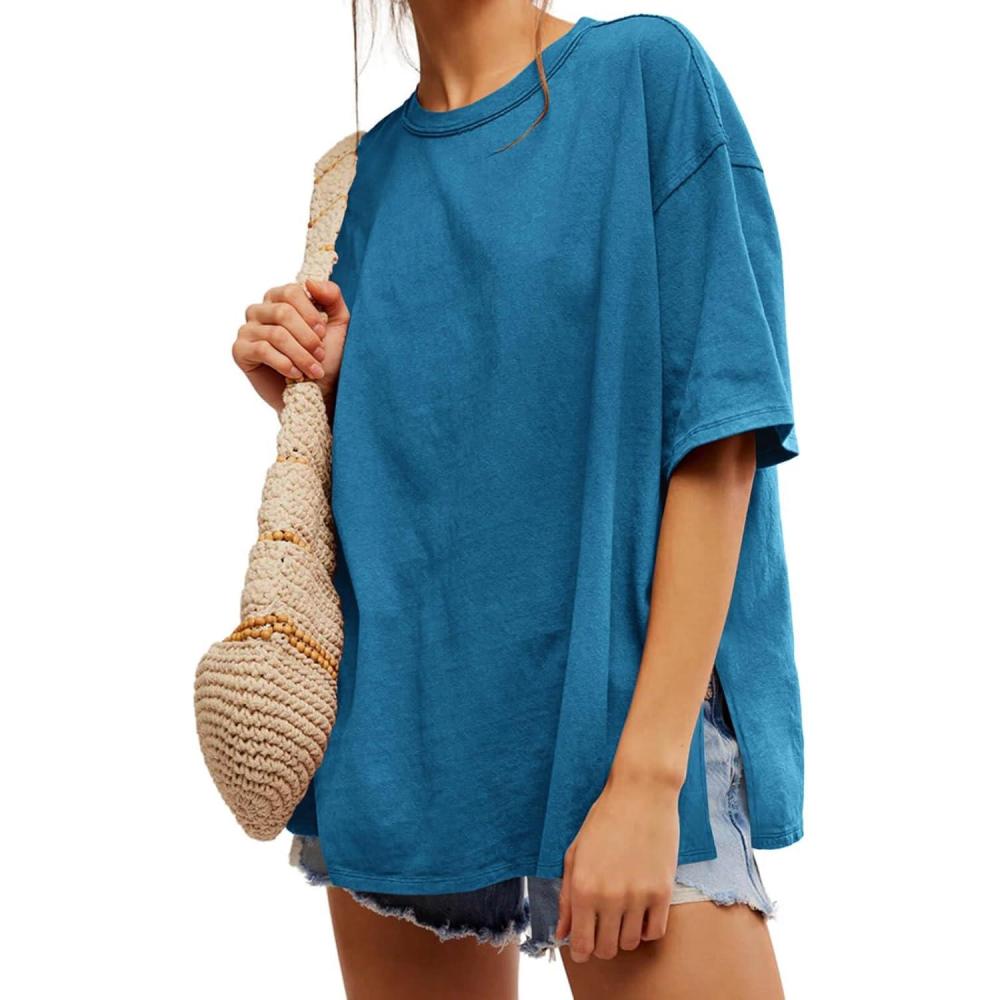imageTankaneo Womens Oversized Tshirts Summer Casual Short Sleeve Crew Neck T Shirt Loose Fit Side Slit Tee TopsLake Blue