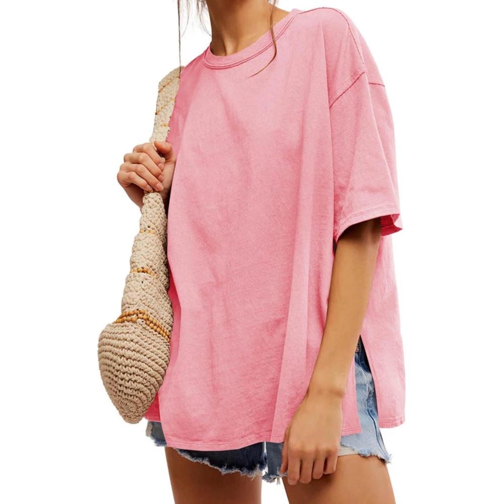 imageTankaneo Womens Oversized Tshirts Summer Casual Short Sleeve Crew Neck T Shirt Loose Fit Side Slit Tee TopsLight Pink