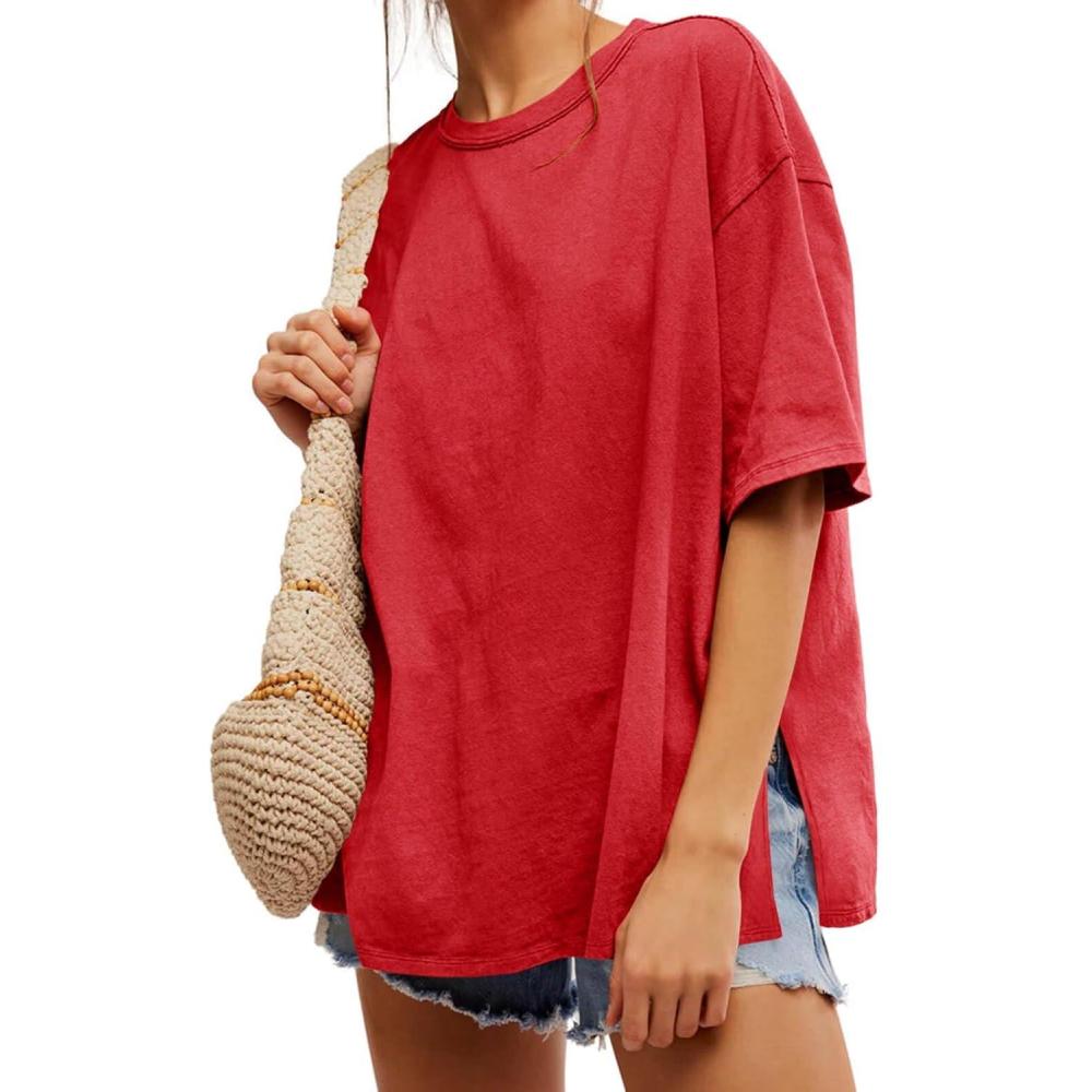 imageTankaneo Womens Oversized Tshirts Summer Casual Short Sleeve Crew Neck T Shirt Loose Fit Side Slit Tee TopsRed