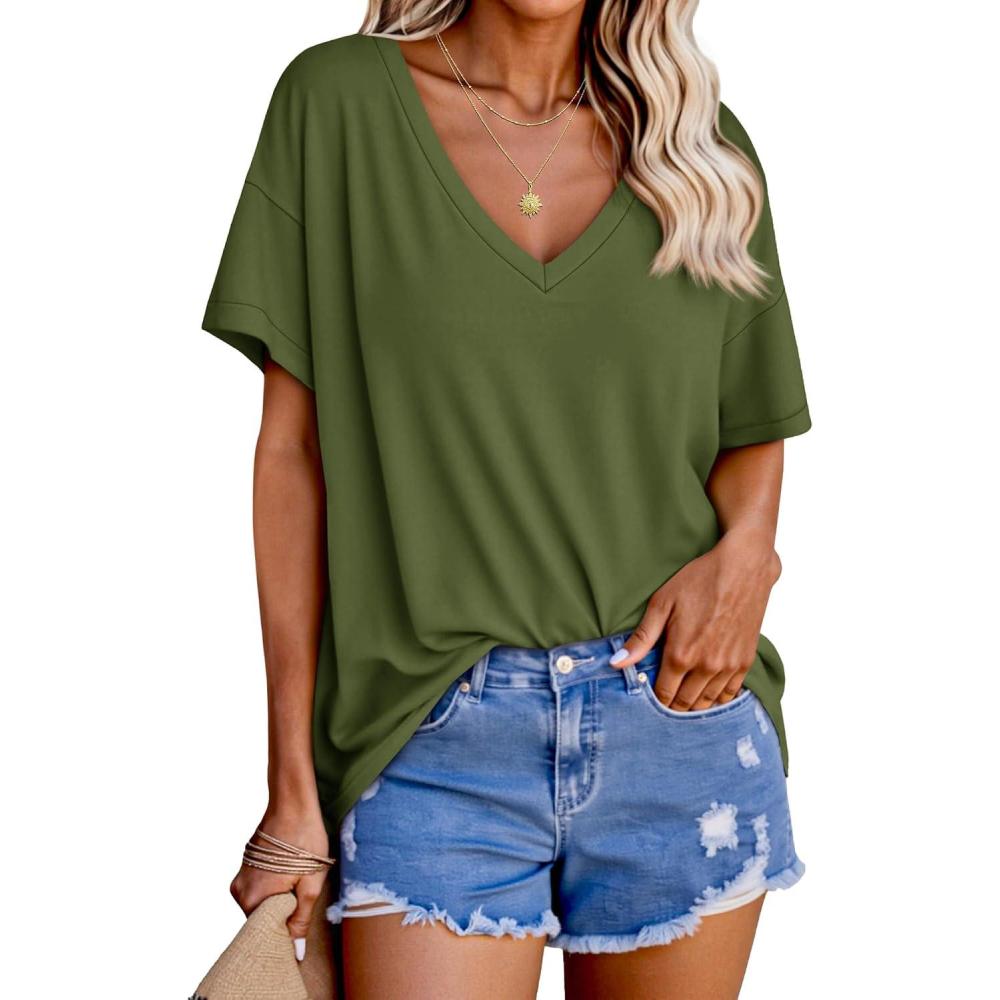 imageTankaneo Womens Oversized Tshirts V Neck Short Sleeve Tops Summer Casual Loose Fit Tunic Tee ShirtsArmy Green