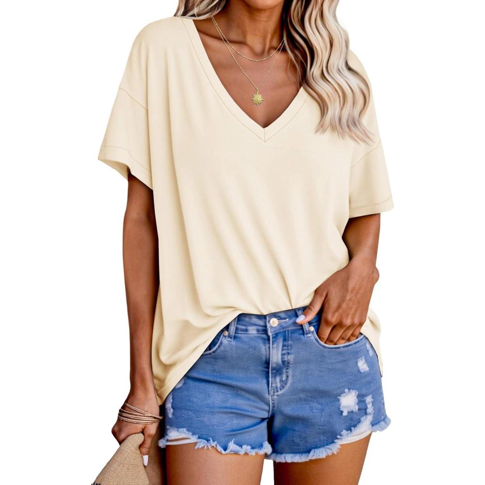 imageTankaneo Womens Oversized Tshirts V Neck Short Sleeve Tops Summer Casual Loose Fit Tunic Tee ShirtsBeige