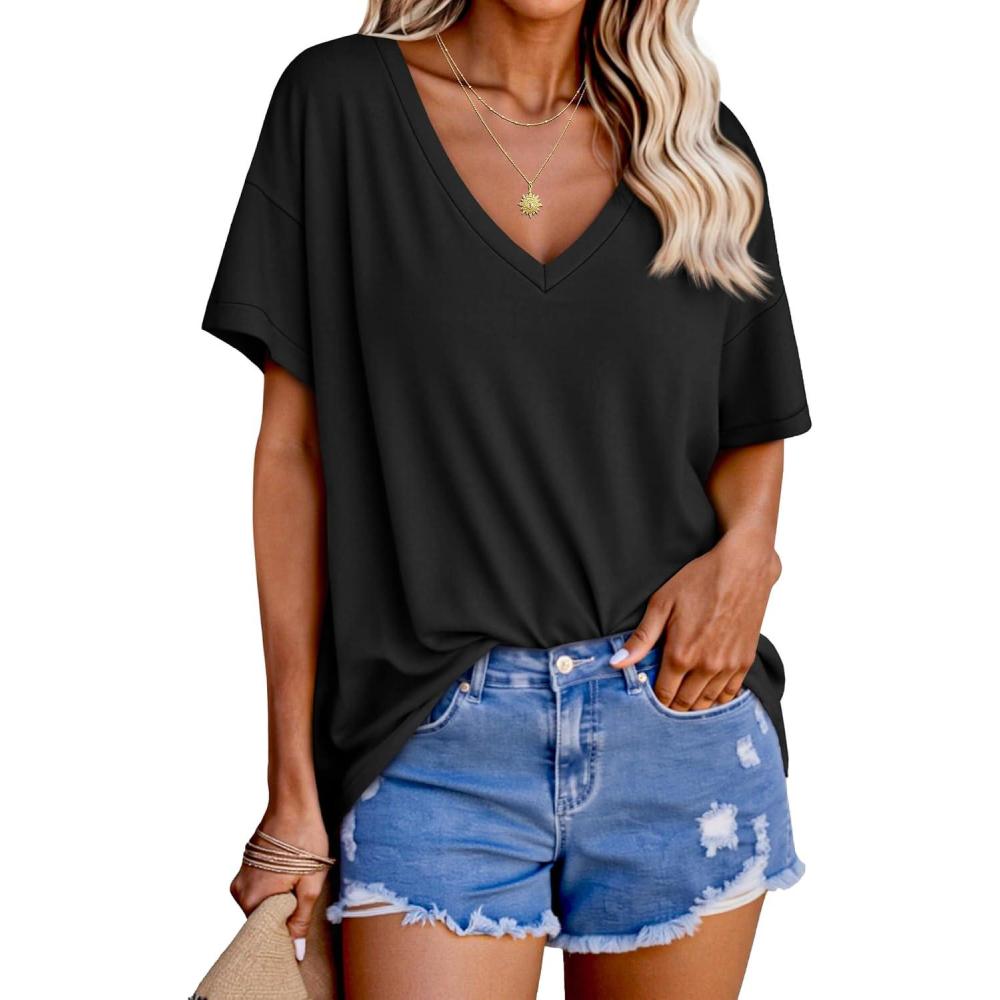 imageTankaneo Womens Oversized Tshirts V Neck Short Sleeve Tops Summer Casual Loose Fit Tunic Tee ShirtsBlack