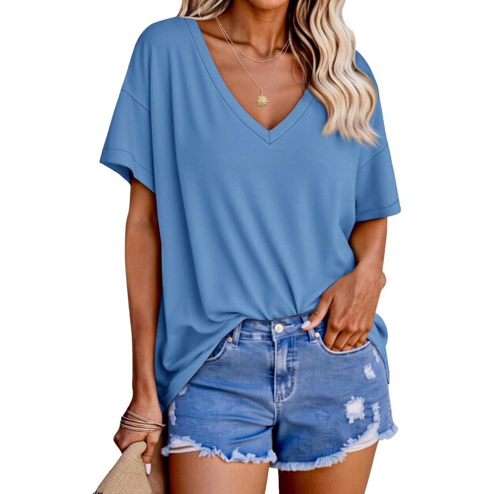 imageTankaneo Womens Oversized Tshirts V Neck Short Sleeve Tops Summer Casual Loose Fit Tunic Tee ShirtsBlue