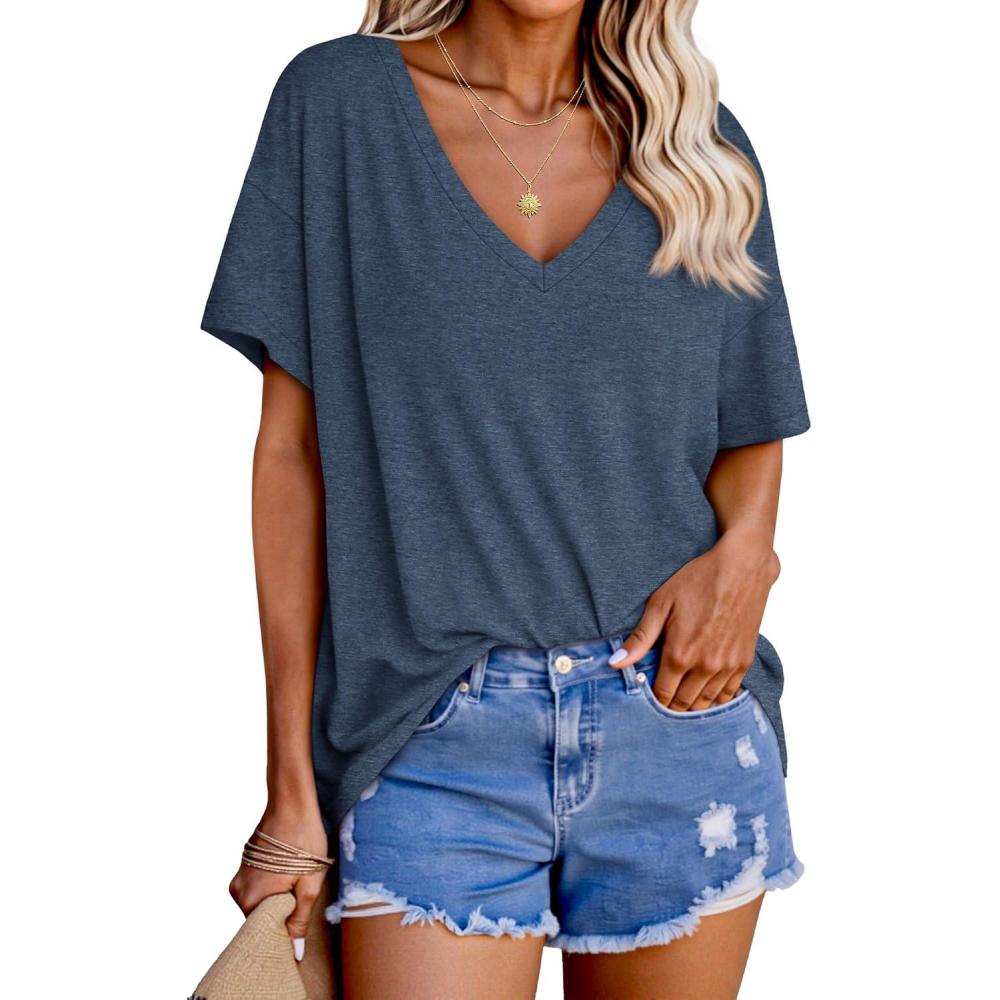 imageTankaneo Womens Oversized Tshirts V Neck Short Sleeve Tops Summer Casual Loose Fit Tunic Tee ShirtsBlue Grey