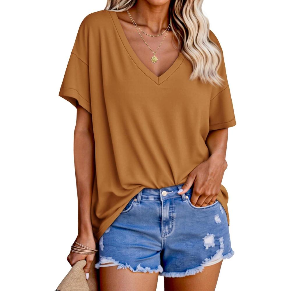 imageTankaneo Womens Oversized Tshirts V Neck Short Sleeve Tops Summer Casual Loose Fit Tunic Tee ShirtsBrown