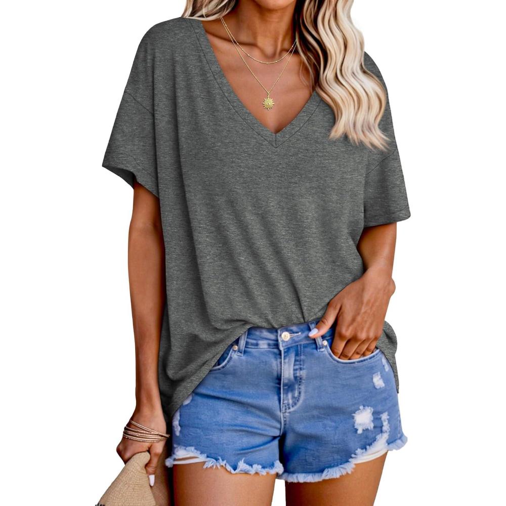 imageTankaneo Womens Oversized Tshirts V Neck Short Sleeve Tops Summer Casual Loose Fit Tunic Tee ShirtsDark Grey