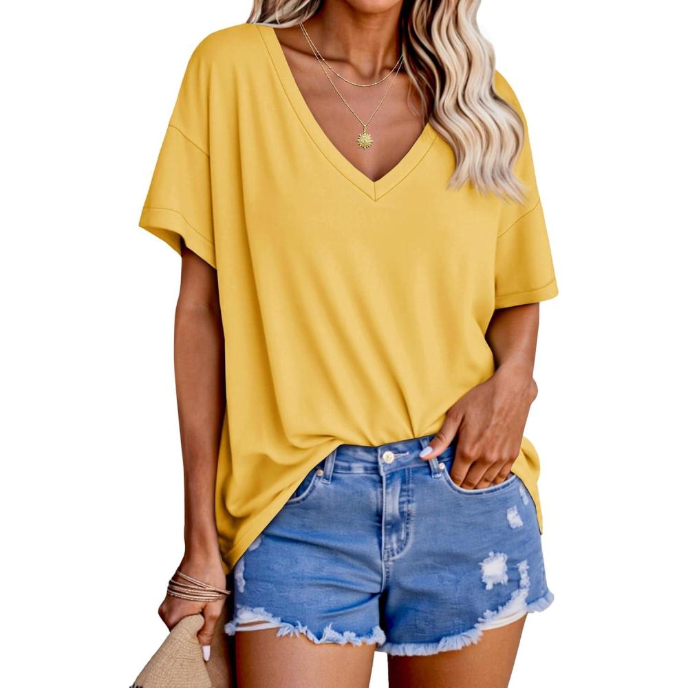 imageTankaneo Womens Oversized Tshirts V Neck Short Sleeve Tops Summer Casual Loose Fit Tunic Tee ShirtsDark Yellow