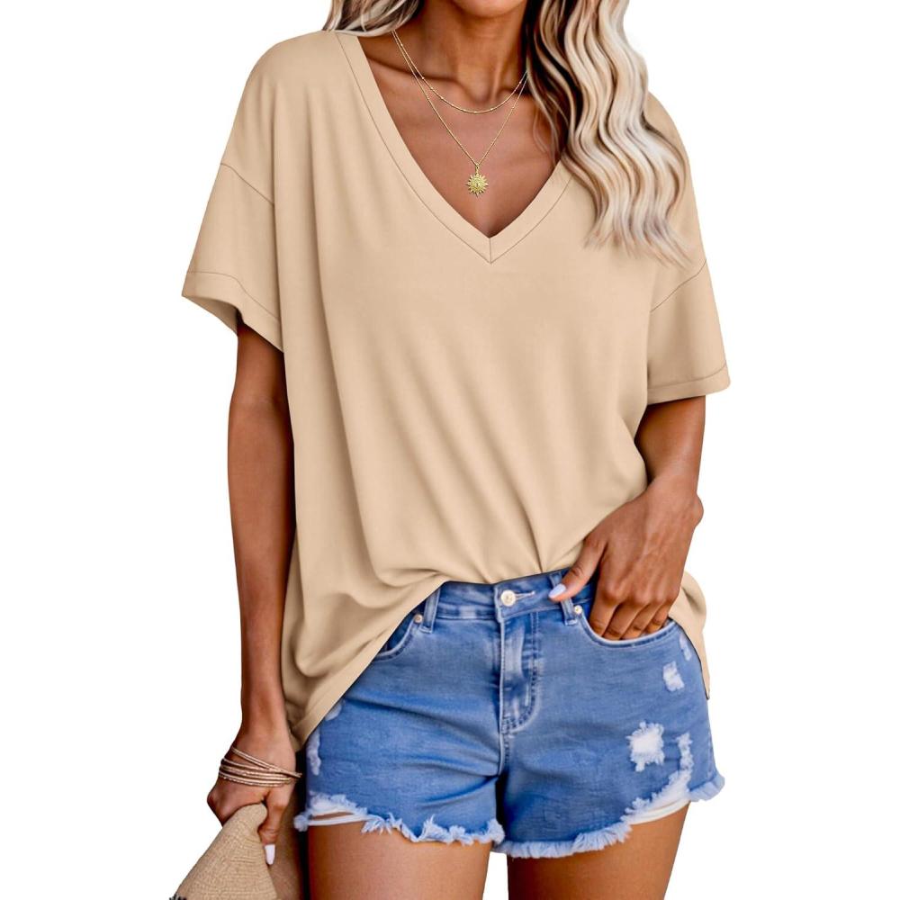imageTankaneo Womens Oversized Tshirts V Neck Short Sleeve Tops Summer Casual Loose Fit Tunic Tee ShirtsKhaki