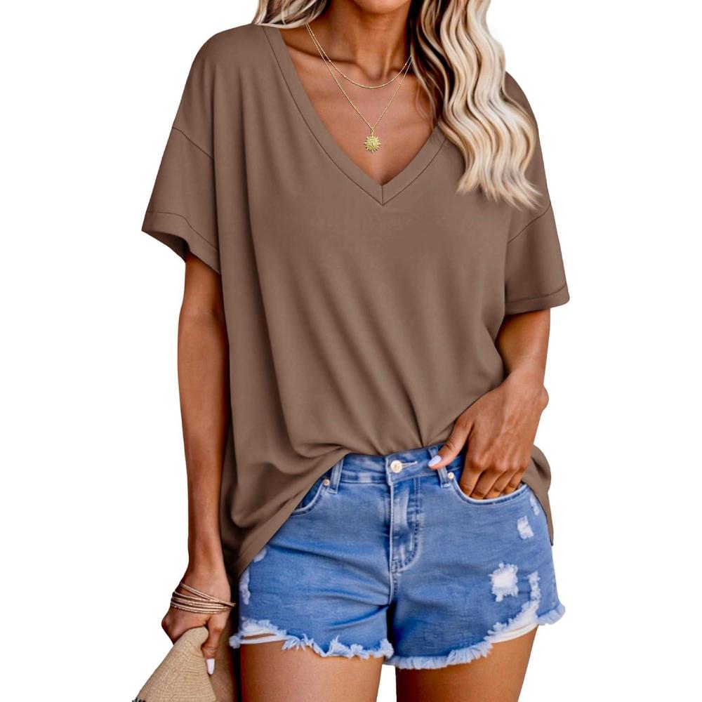 imageTankaneo Womens Oversized Tshirts V Neck Short Sleeve Tops Summer Casual Loose Fit Tunic Tee ShirtsLight Brown