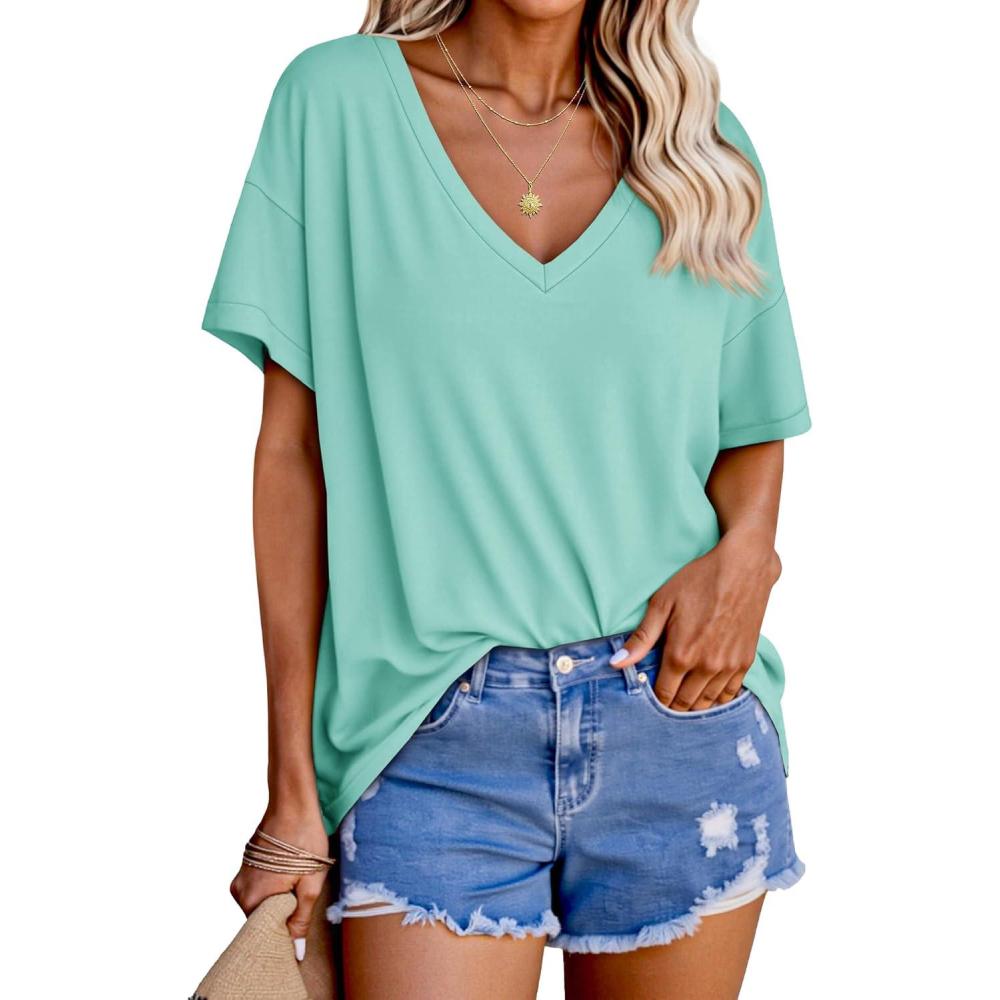 imageTankaneo Womens Oversized Tshirts V Neck Short Sleeve Tops Summer Casual Loose Fit Tunic Tee ShirtsMint Green