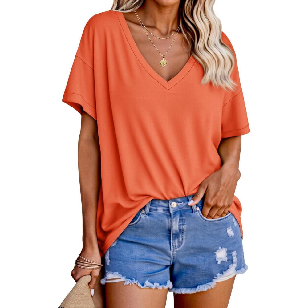 imageTankaneo Womens Oversized Tshirts V Neck Short Sleeve Tops Summer Casual Loose Fit Tunic Tee ShirtsOrange