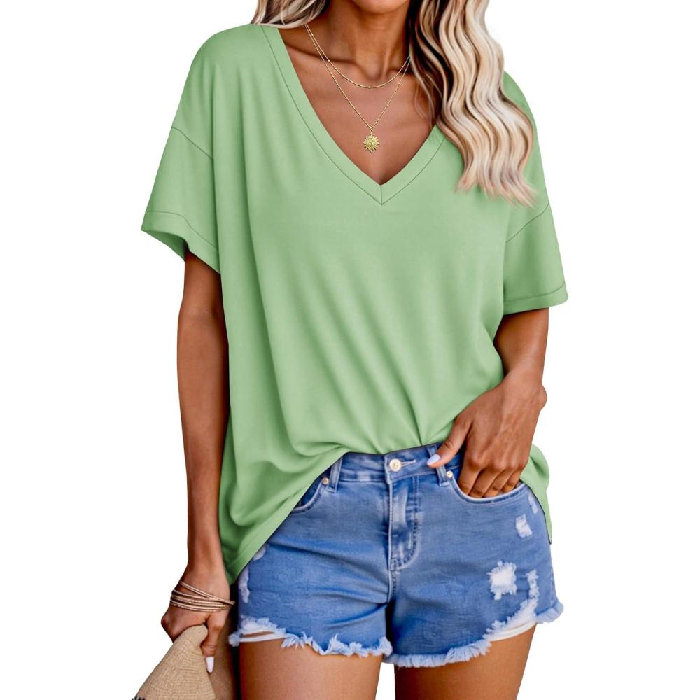 imageTankaneo Womens Oversized Tshirts V Neck Short Sleeve Tops Summer Casual Loose Fit Tunic Tee ShirtsPea Green