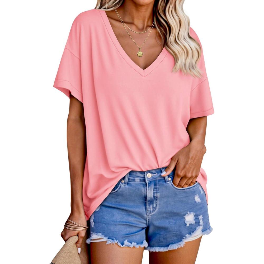 imageTankaneo Womens Oversized Tshirts V Neck Short Sleeve Tops Summer Casual Loose Fit Tunic Tee ShirtsPink