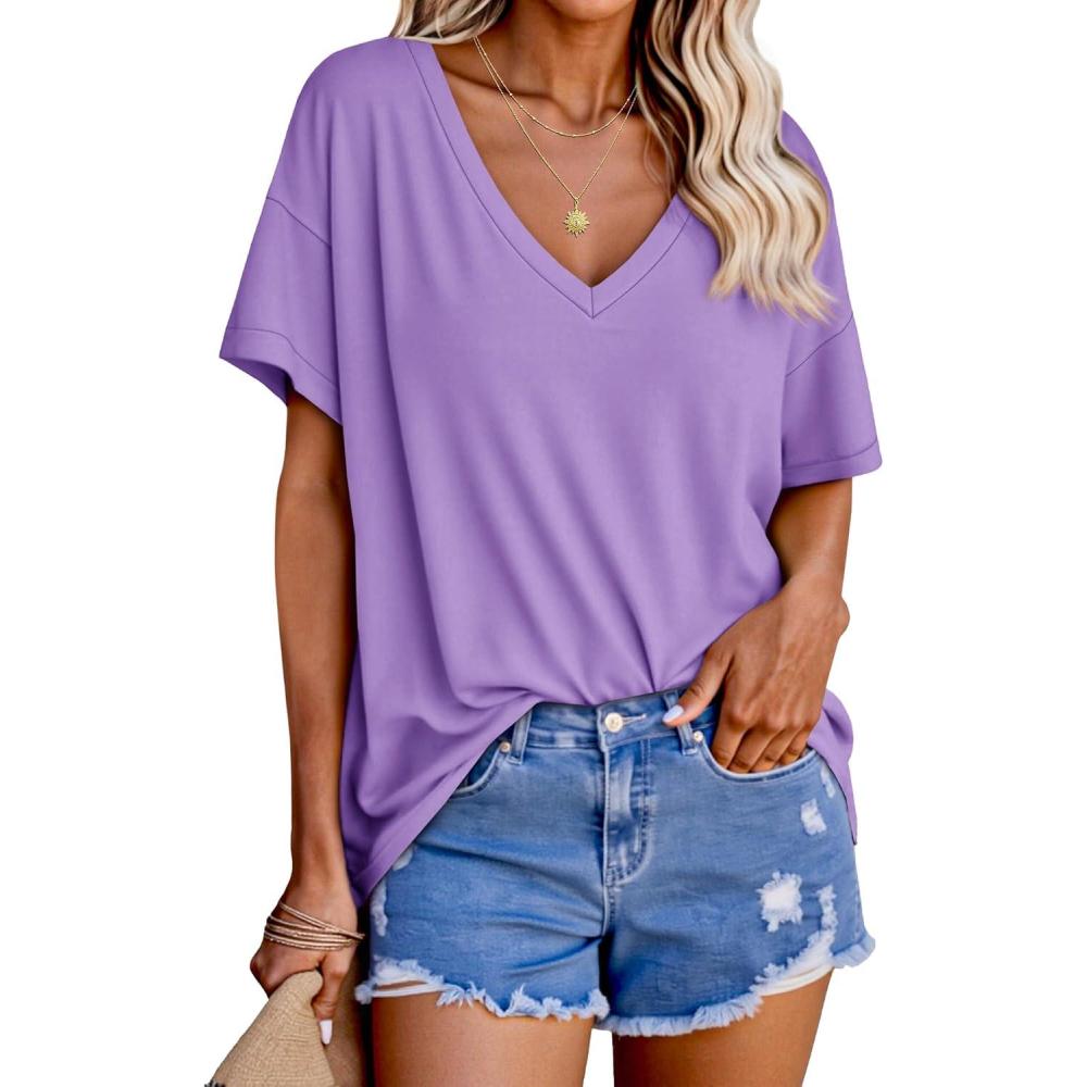imageTankaneo Womens Oversized Tshirts V Neck Short Sleeve Tops Summer Casual Loose Fit Tunic Tee ShirtsPurple