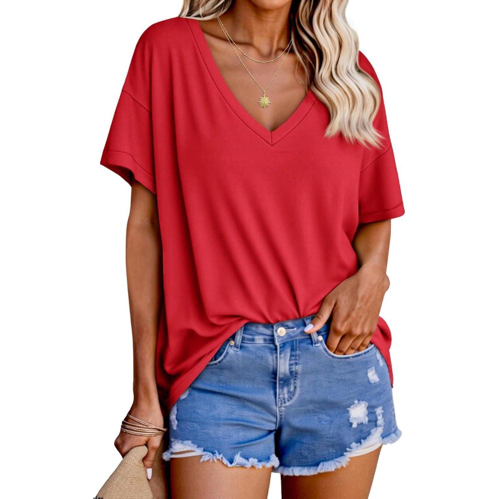 imageTankaneo Womens Oversized Tshirts V Neck Short Sleeve Tops Summer Casual Loose Fit Tunic Tee ShirtsRed