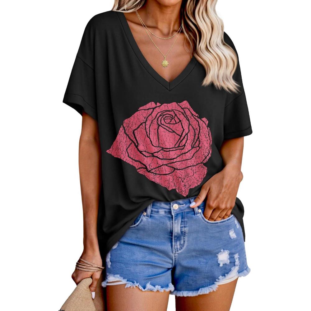 imageTankaneo Womens Oversized Tshirts V Neck Short Sleeve Tops Summer Casual Loose Fit Tunic Tee ShirtsRose Black