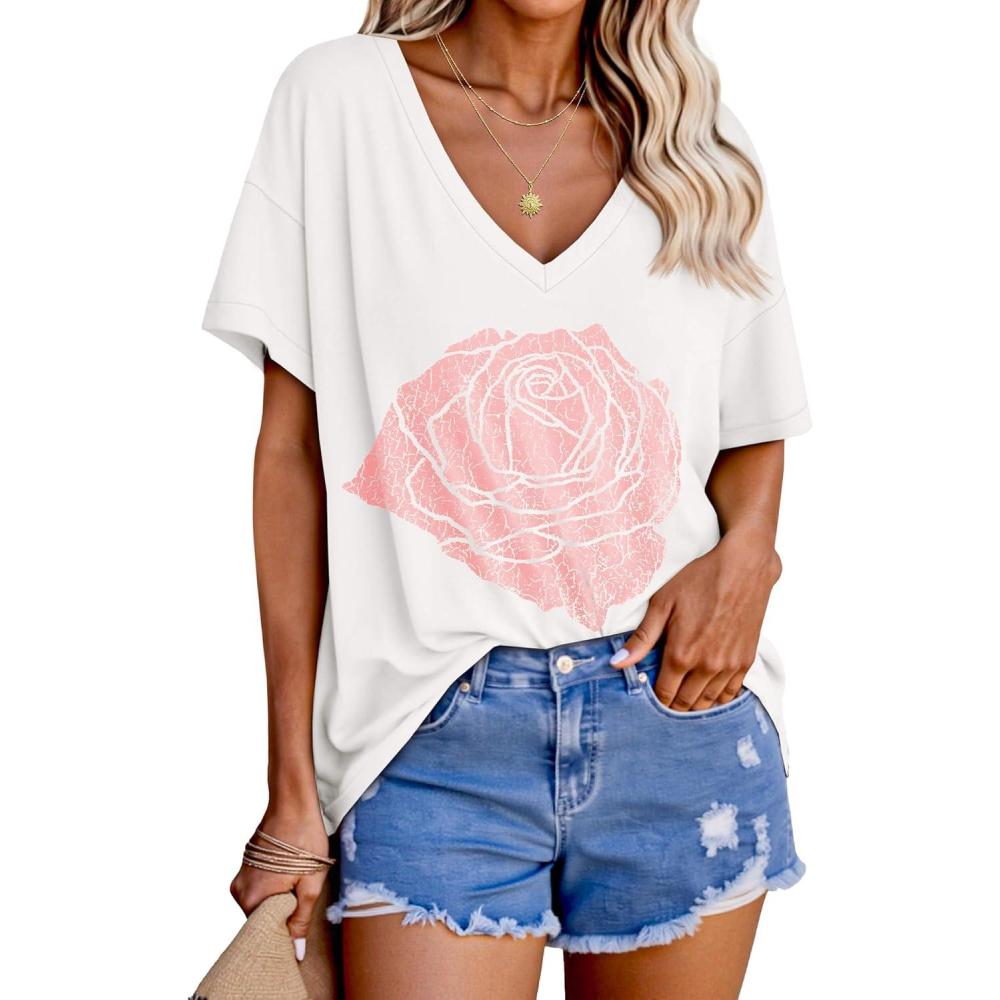 imageTankaneo Womens Oversized Tshirts V Neck Short Sleeve Tops Summer Casual Loose Fit Tunic Tee ShirtsRose White