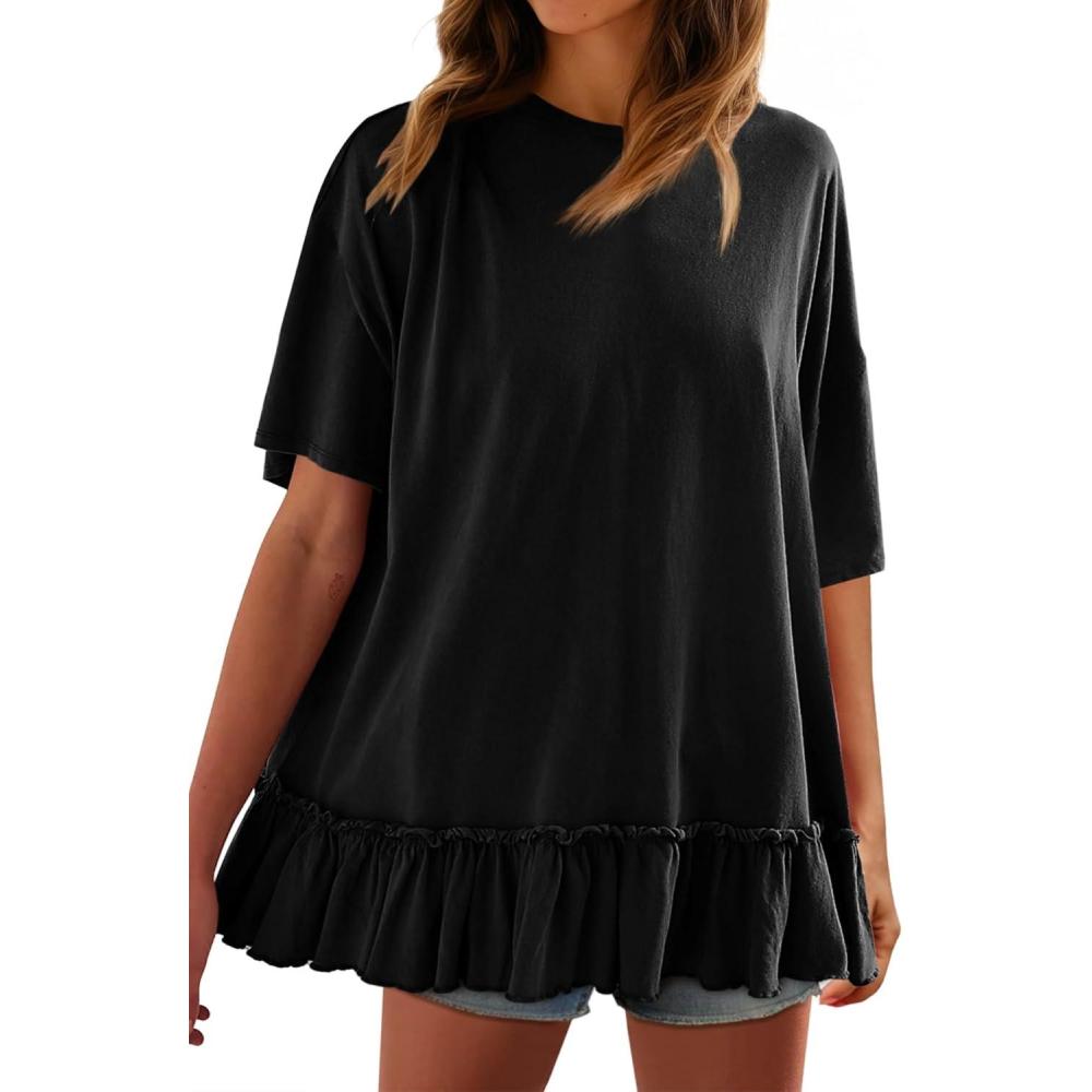 imageTankaneo Womens Peplum Oversized Tshirt Summer Flowy Casual Shirt Dress Crew Neck Pleated Babydoll Beach Tunic TopsBlack