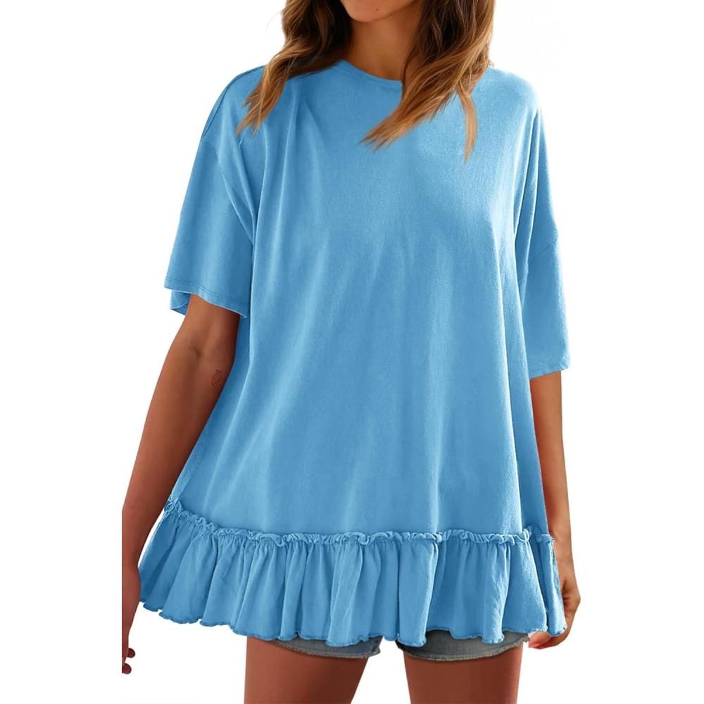 imageTankaneo Womens Peplum Oversized Tshirt Summer Flowy Casual Shirt Dress Crew Neck Pleated Babydoll Beach Tunic TopsLight Blue