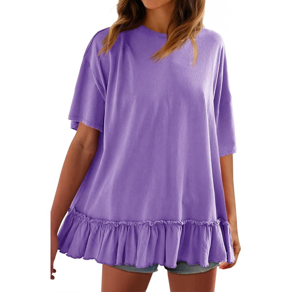 imageTankaneo Womens Peplum Oversized Tshirt Summer Flowy Casual Shirt Dress Crew Neck Pleated Babydoll Beach Tunic TopsPurple