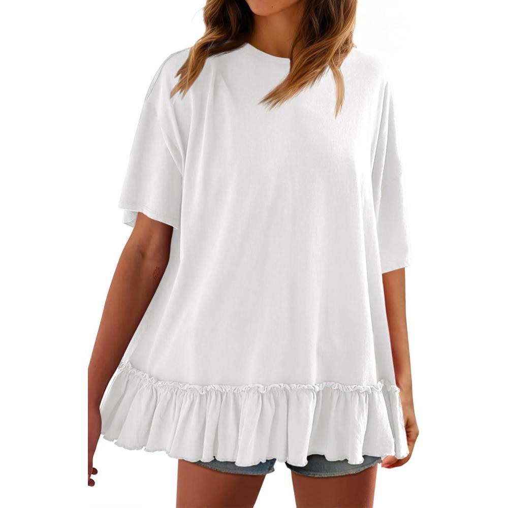 imageTankaneo Womens Peplum Oversized Tshirt Summer Flowy Casual Shirt Dress Crew Neck Pleated Babydoll Beach Tunic TopsWhite