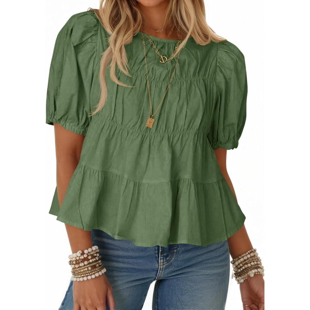 imageTankaneo Womens Puff Sleeve Peplum Babydoll Tops Summer Smoked Pleated Cotton TShirts Casual Loose Fit Flowy BlouseArmy Green