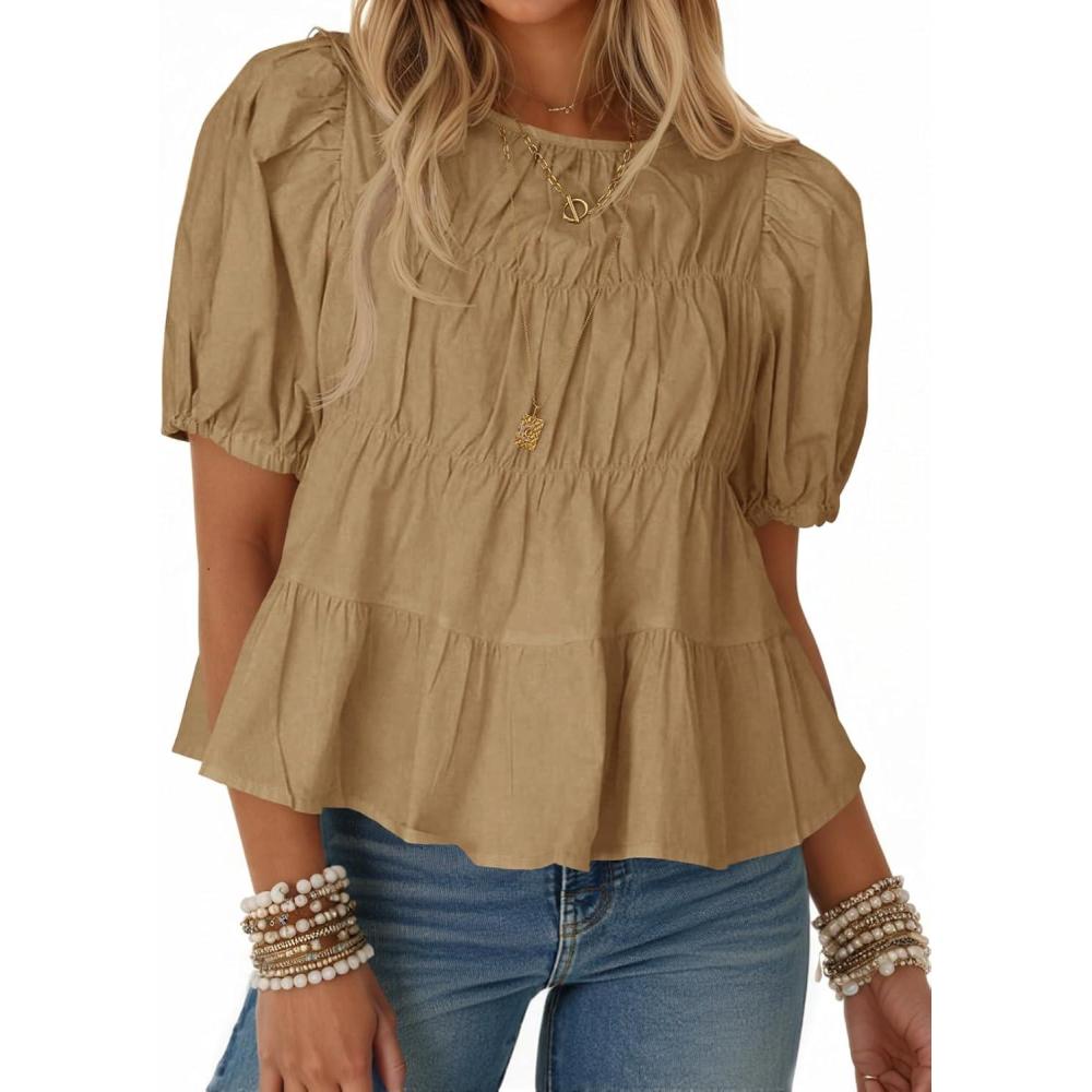 imageTankaneo Womens Puff Sleeve Peplum Babydoll Tops Summer Smoked Pleated Cotton TShirts Casual Loose Fit Flowy BlouseKhaki
