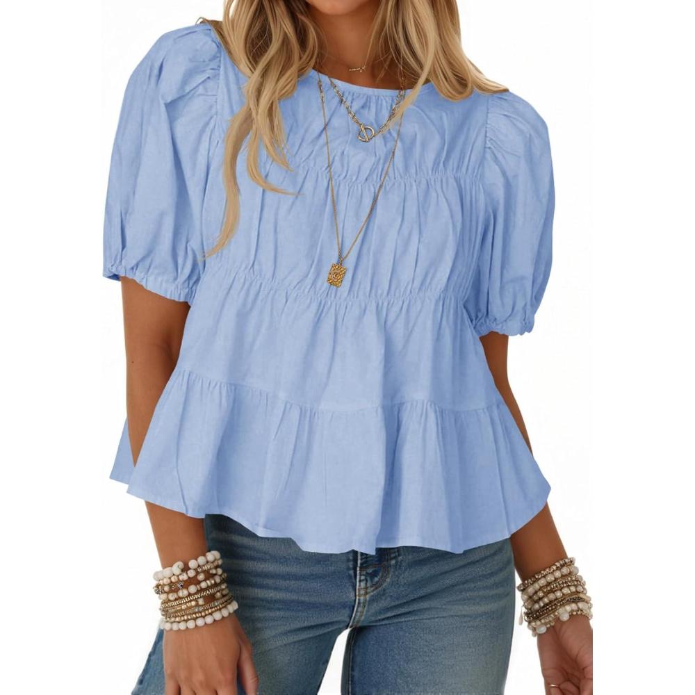 imageTankaneo Womens Puff Sleeve Peplum Babydoll Tops Summer Smoked Pleated Cotton TShirts Casual Loose Fit Flowy BlouseLight Blue