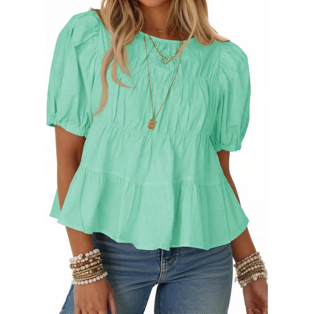 imageTankaneo Womens Puff Sleeve Peplum Babydoll Tops Summer Smoked Pleated Cotton TShirts Casual Loose Fit Flowy BlouseMint Green