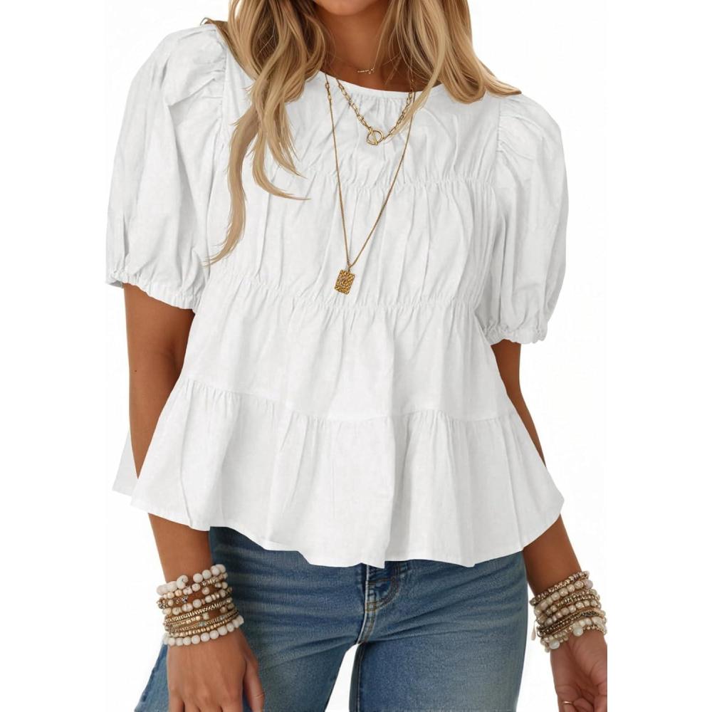 imageTankaneo Womens Puff Sleeve Peplum Babydoll Tops Summer Smoked Pleated Cotton TShirts Casual Loose Fit Flowy BlouseWhite