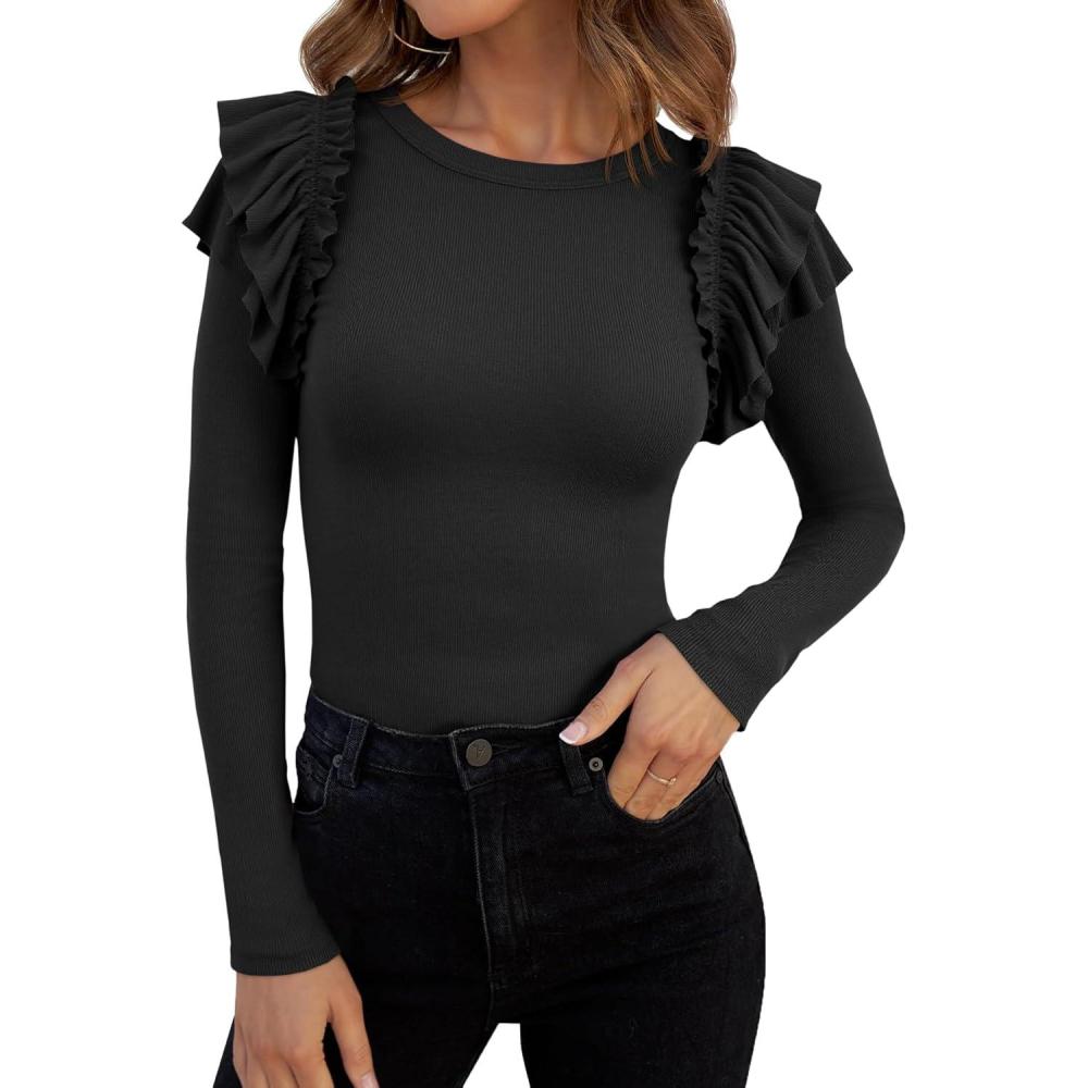 imageTankaneo Womens Ruffle Long Sleeve Shirts Fitted Ribbed Knit Tops Fall Casual Crew Neck TeesBlack