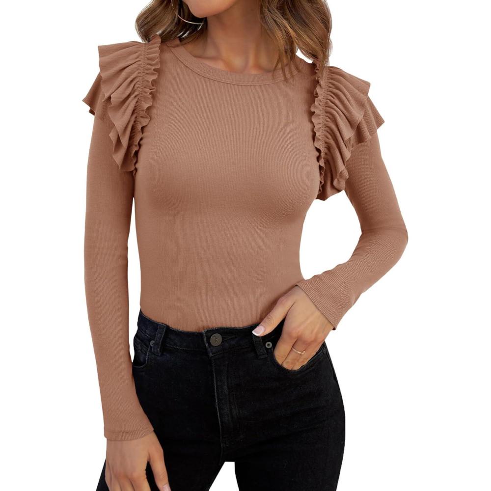imageTankaneo Womens Ruffle Long Sleeve Shirts Fitted Ribbed Knit Tops Fall Casual Crew Neck TeesKhaki