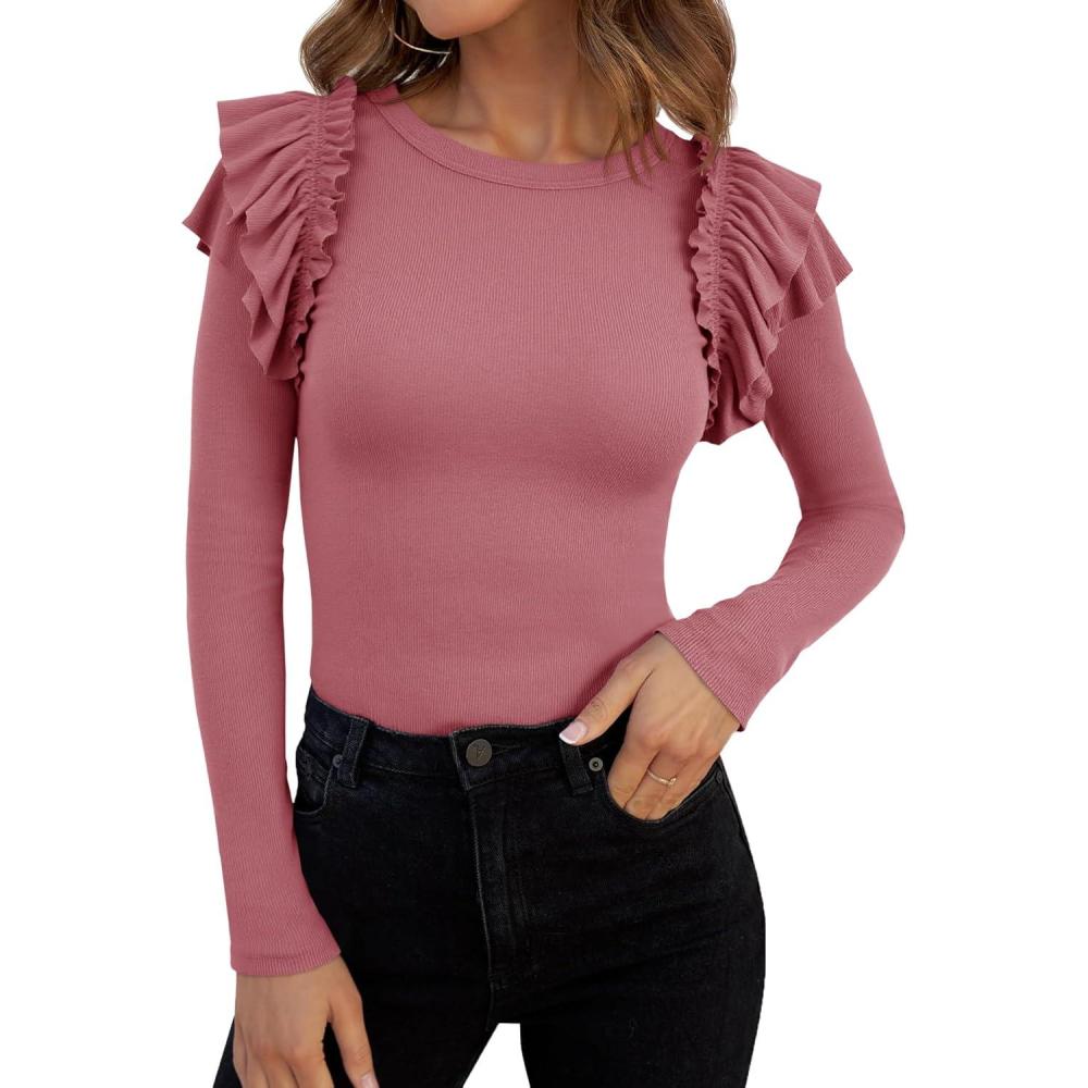 imageTankaneo Womens Ruffle Long Sleeve Shirts Fitted Ribbed Knit Tops Fall Casual Crew Neck TeesPink