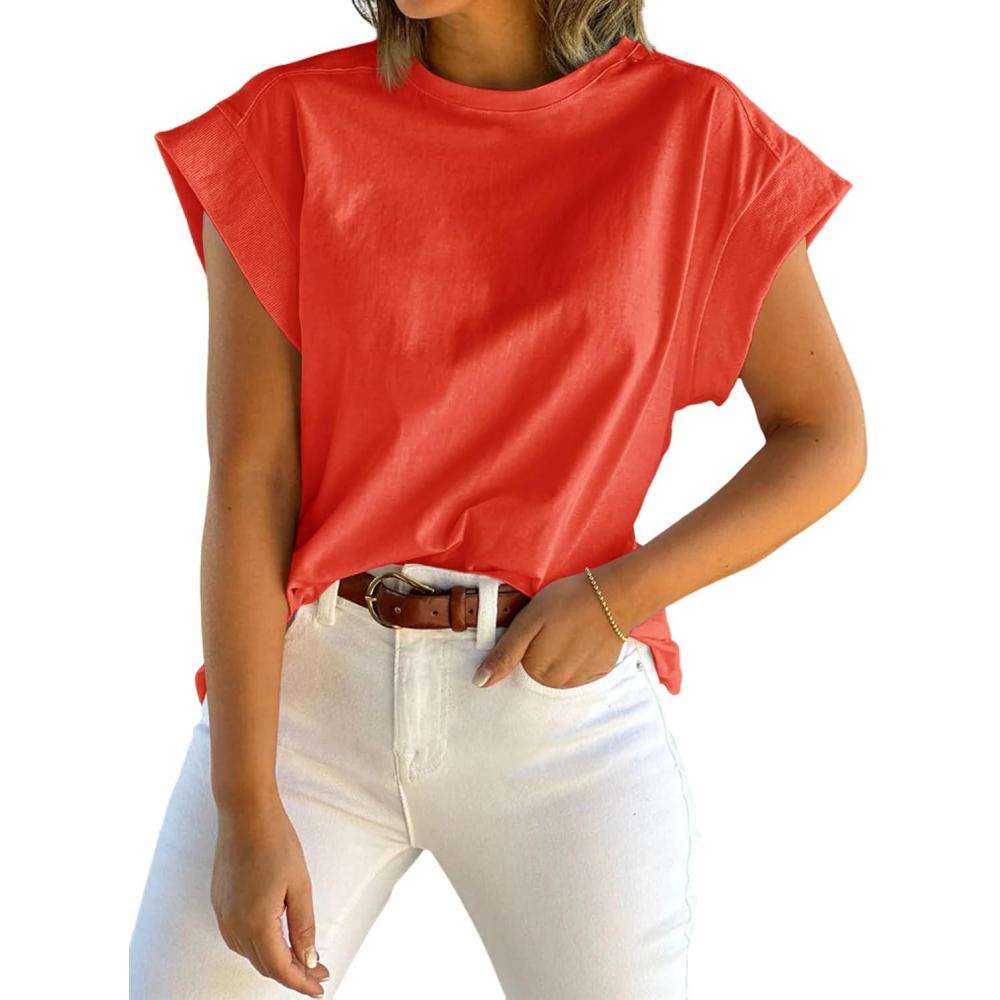 imageTankaneo Womens Summer Cap Sleeve Tank Top Crew Neck Solid Casual Loose Fit Basic Tee ShirtBrick Red